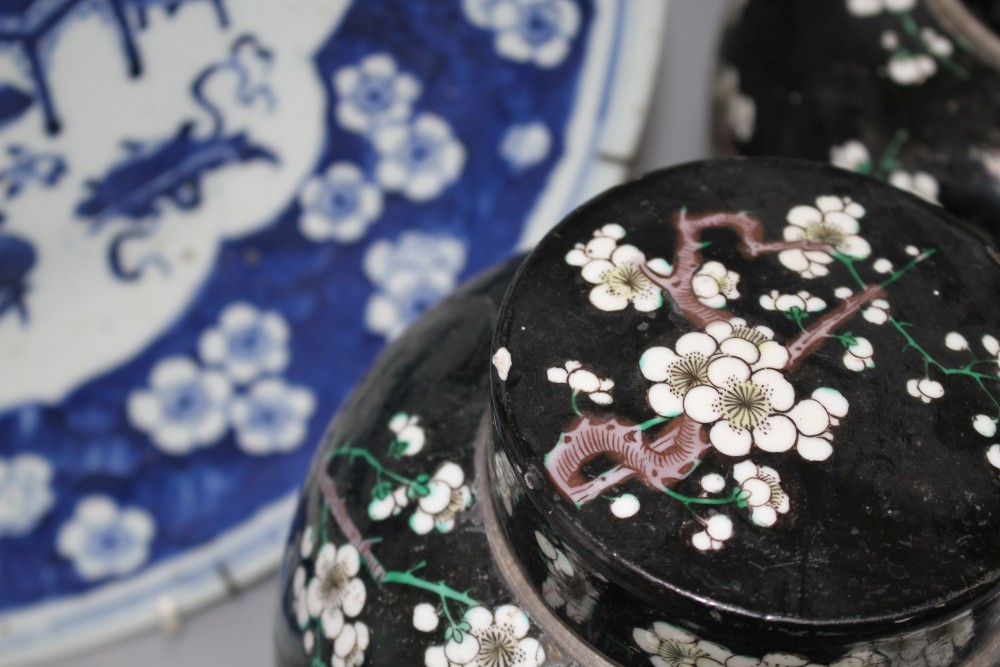 A pair of Chinese famille noire ginger jars and covers, decorated with prunus, height 20cm, and a blue and white dish, 34cm